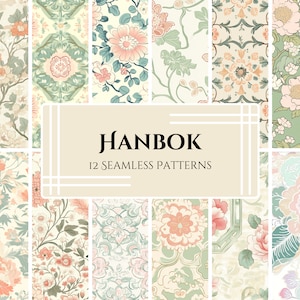 May include: A collage of 12 seamless patterns featuring floral designs in shades of pink, green, and white. The patterns are inspired by traditional Korean Hanbok clothing and are perfect for fabric, wallpaper, or digital projects. The text "HANBOK 12 SEAMLESS PATTERNS" is displayed in the center of the image.