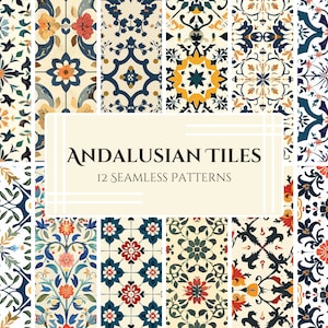 Può includere: Una collezione di 12 motivi di piastrelle andaluse senza cuciture. Le piastrelle presentano disegni floreali e geometrici in vari colori, tra cui blu, arancione e verde, su uno sfondo crema. Il testo "ANDALUSIAN TILES" e "12 SEAMLESS PATTERNS" è visibile.