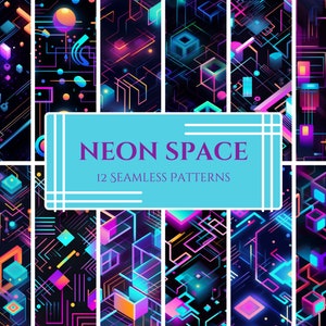 May include: Twelve seamless patterns featuring neon coloured geometric shapes and lines on a black background. The patterns are titled "Neon Space".