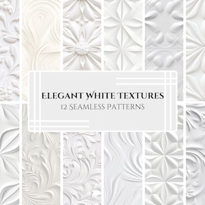 Pode incluir: Um conjunto de 12 texturas brancas sem costura com padrões em relevo. As texturas são organizadas em uma grade e apresentam uma variedade de designs, incluindo padrões florais, geométricos e abstratos. O texto "Elegant White Textures 12 Seamless Patterns" é exibido no centro da imagem.
