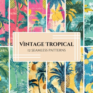 May include: A set of 12 vintage tropical seamless patterns featuring palm trees, pineapples, and bananas in a variety of colors and styles. The patterns are perfect for creating unique and stylish designs for fabrics, wallpapers, and other projects.