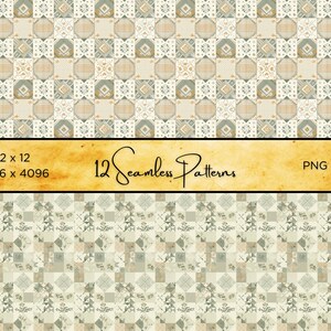 Puede incluir: Imagen digital que muestra 12 patrones sin costuras de estilo patchwork. Los patrones presentan formas geom&eacute;tricas, motivos florales y una paleta de colores beige, verde y dorado. Incluye el texto "12 Seamless Patterns" y "PNG".