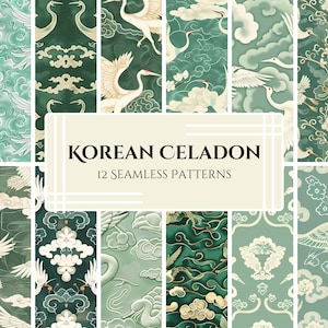 Könnte beinhalten: Zwölf nahtlose Muster mit koreanischen Celadon-Designs. Die Muster beinhalten Kraniche, Wolken und florale Motive in Grün-, Weiß- und Goldtönen.