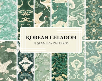 Korean Celadon-Inspired Crane and Cloud Pattern Pack, Goryeo Dynasty Style Digital Papers, Noble Crane Printable Designs for Crafts & Decor