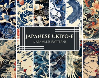 May include: A set of 12 seamless patterns featuring Japanese Ukiyo-e style art. The patterns include images of cranes, dragons, flowers, and waves in a variety of colors, including blue, red, green, and gold.