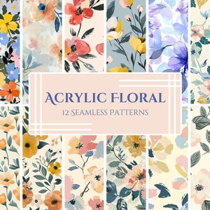 May include: A set of 12 seamless floral patterns featuring acrylic painted flowers in various colours, including pink, yellow, blue, and green. The patterns are perfect for creating digital or printed designs.