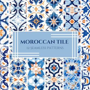 Pacchetto di modelli digitali di piastrelle marocchine - 12 design ispirati al Mediterraneo e al Nord Africa in blu intenso, arancione e bianco, PNG