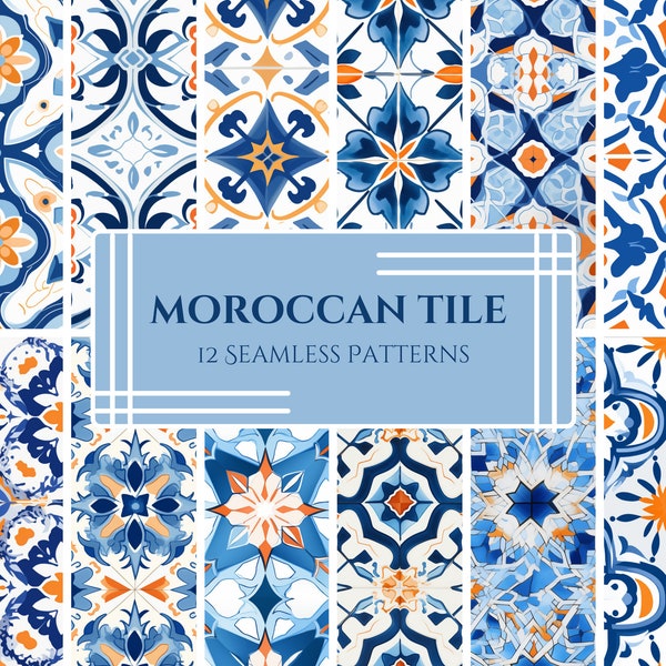 Moroccan Tile Digital Pattern Pack - 12 Mediterranean and North African Inspired Designs in Rich Blues, Oranges & Whites, PNG and SVG