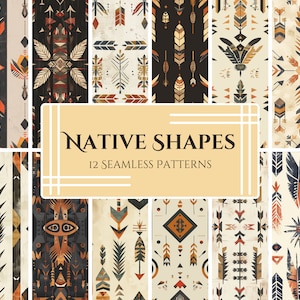 Padrões de Totem Tribal - Pacote de Formas Nativas, Desenhos de Impressão Boho Feather & Arrow, Papel Digital Earth Tones, Pacote de Gráficos Culturais