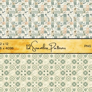 Puede incluir: Patrones digitales sin costuras en un dise&ntilde;o de cuadr&iacute;cula. Los patrones presentan dise&ntilde;os florales y bot&aacute;nicos en tonos verdes, beige y marr&oacute;n. La imagen incluye el texto "12 x 12", "4096 x 4096", "12 Seamless Patterns" y "PNG".