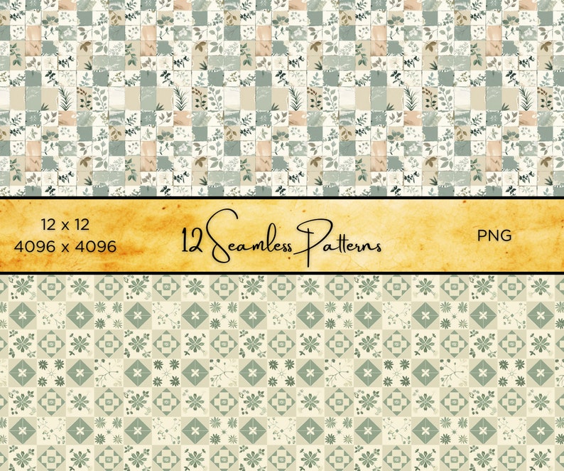 Puede incluir: Patrones digitales sin costuras en un dise&ntilde;o de cuadr&iacute;cula. Los patrones presentan dise&ntilde;os florales y bot&aacute;nicos en tonos verdes, beige y marr&oacute;n. La imagen incluye el texto "12 x 12", "4096 x 4096", "12 Seamless Patterns" y "PNG".