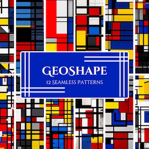 May include: A set of 12 seamless geometric patterns in a Mondrian style with red, yellow, blue, black, and white squares and rectangles. The patterns are called "GEOSHAPE 12 SEAMLESS PATTERNS".
