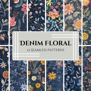 Denim Floral Embroidery Digital Patterns Pack - Vintage-Inspired Flowers on Denim Background - PNG - Scrapbooking, Fabric Printing
