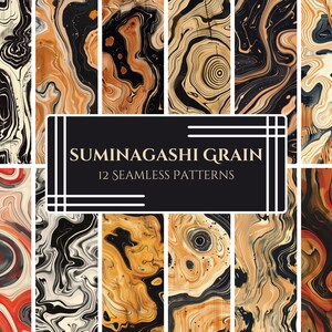 Suminagashi, venature del legno marmorizzato, motivi digitali Pacl – Lussuosi vortici di inchiostro organico – Nero, oro e argento – PNG – Artigianato, scrapbooking