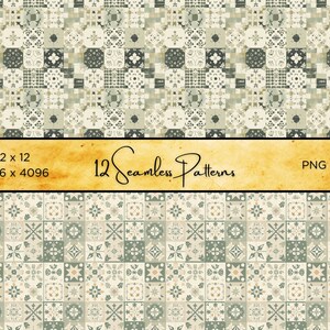 Puede incluir: Imagen digital que muestra 12 patrones sin costuras. Los patrones presentan un dise&ntilde;o de azulejos repetido en tonos beige, gris y verde apagado. La imagen incluye el texto "12 Seamless Patterns" y dimensiones de 12 x 12 pulgadas (30,48 x 30,48 cm) y 4096 x 4096 p&iacute;xeles.
