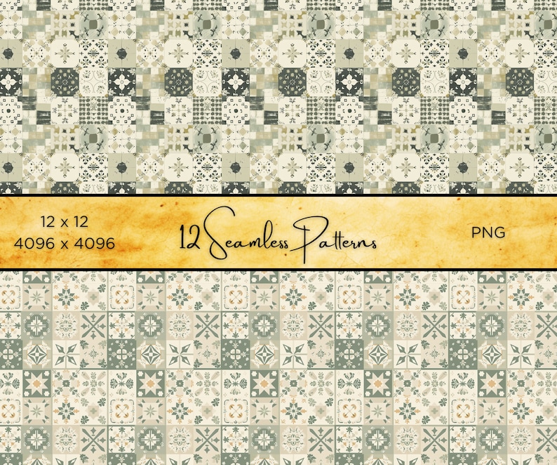 Puede incluir: Imagen digital que muestra 12 patrones sin costuras. Los patrones presentan un dise&ntilde;o de azulejos repetido en tonos beige, gris y verde apagado. La imagen incluye el texto "12 Seamless Patterns" y dimensiones de 12 x 12 pulgadas (30,48 x 30,48 cm) y 4096 x 4096 p&iacute;xeles.