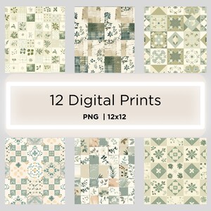Puede incluir: Doce impresiones digitales de estilo patchwork, con patrones florales y geom&eacute;tricos en tonos verdes, beige y crema. Las impresiones son cuadradas, con un tama&ntilde;o de 30,48 x 30,48 cm, y est&aacute;n en formato PNG.