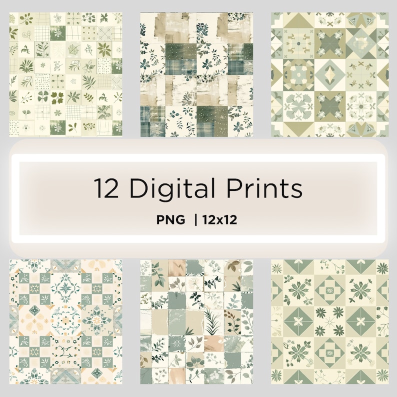 Puede incluir: Doce impresiones digitales de estilo patchwork, con patrones florales y geom&eacute;tricos en tonos verdes, beige y crema. Las impresiones son cuadradas, con un tama&ntilde;o de 30,48 x 30,48 cm, y est&aacute;n en formato PNG.