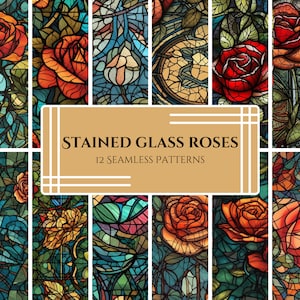 May include: Twelve seamless patterns featuring stained glass roses in various colors, including red, orange, yellow, and blue. The patterns are perfect for crafting, scrapbooking, and home decor.