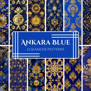 May include: Twelve seamless patterns in a blue and gold color scheme. The patterns feature intricate floral designs and geometric shapes. The text "ANKARA BLUE 12 SEAMLESS PATTERNS" is displayed in a white box.