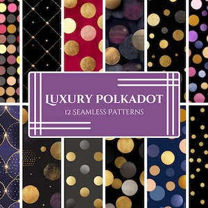 Pacchetto di carta digitale a pois di lusso: sfondi a pois in lamina d'oro, motivi a cerchi metallici glamour, eleganti texture a pois neri e rosa, PNG