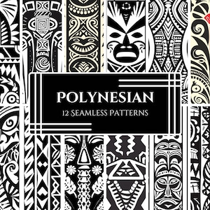 Może przedstawiać: Zestaw 12 czarno-białych wzorów bez szwów inspirowanych polinezyjską sztuką plemienną. Wzory zawierają geometryczne kształty, stylizowane figury i tradycyjne motywy.