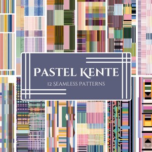 May include: A collection of 12 seamless patterns in pastel colors. The patterns feature vertical and horizontal stripes, geometric shapes, and abstract designs in shades of pink, blue, yellow, and green. The text "PASTEL KENTE" and "12 SEAMLESS PATTERNS" is displayed on a navy blue rectangle.