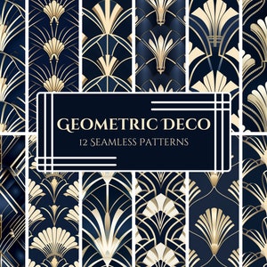 Luxuriöses geometrisches Art-Deco-Tapeten-Musterpaket - Marineblau, Creme, Perlenakzente - Gatsby-inspirierte nahtlose Designs im PNG-Format