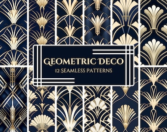 Gatsby art-decobehang: geometrisch marineblauw, crème en parelmoer (png)
