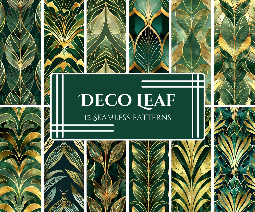 Leaf Deco Pattern Art Deco Leaf Pattern Pack: Gold & Emerald 1920s Designs (digital ...