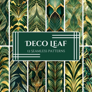 Luxuriöses Art Deco Blatt Muster Paket - Gold und Smaragd Laub, 1920er Jahre inspiriertes Vintage Design für Tapeten, Stoffe und Kunsthandwerk