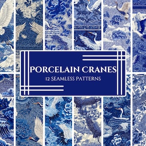 Peut inclure: Douze motifs sans couture présentant des motifs de porcelaine bleus et blancs. Les motifs incluent des grues, des fleurs et d'autres motifs traditionnels. Le texte "PORCELAIN CRANES" et "12 SEAMLESS PATTERNS" est affiché sur un fond bleu.