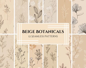 Beige Botanicals Pattern Pack – 12 minimalistische lijntekeningen bloemen PNG's, neutraal gebladerte digitale papers, boho botanische clipart, beige esthetiek