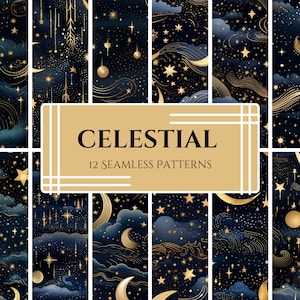 Modelli digitali del cielo notturno celeste - Oro + Luna indaco, stelle e pianeti - Carta da parati da sogno e disegni tessili - PNG e SVG - Set di 12