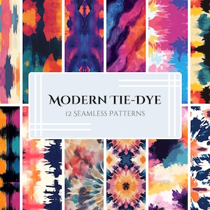 May include: A collection of 12 seamless tie-dye patterns in vibrant colors. The patterns feature abstract designs with hues of blue, orange, pink, and purple. The text "MODERN TIE-DYE" and "12 SEAMLESS PATTERNS" is displayed on a white rectangle.