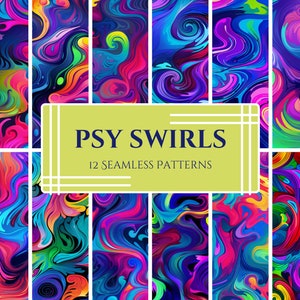 Op de afbeelding: Twaalf naadloze patronen met draaiende abstracte ontwerpen in levendige kleuren, waaronder roze, blauw, groen, geel en paars. De patronen zijn getiteld "PSY SWIRLS 12 NAADLOZE PATRONEN".