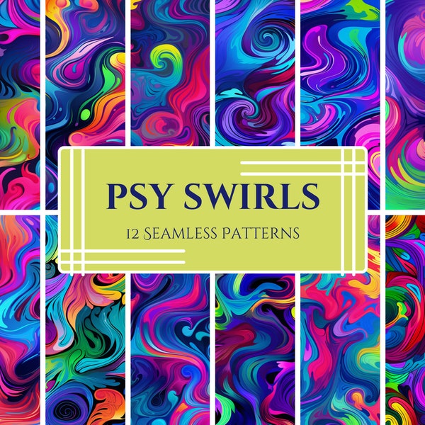 Psychedelic Swirls Digital Pattern Pack - Vivid Marbled Backgrounds, Trance-Inducing Liquid Art, PNG & SVG - Set of 12