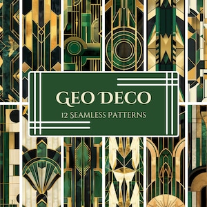 Può includere: Dodici motivi geometrici senza cuciture in uno schema di colori verde, oro e bianco. I motivi sono ispirati allo stile Art Déco e presentano forme geometriche, linee e cerchi.