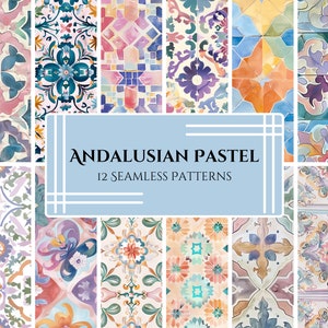 Può includere: Dodici motivi senza cuciture che presentano disegni di piastrelle colorate e intricate ispirati all'architettura andalusa. I motivi sono in tonalità pastello di blu, rosa, giallo e verde.