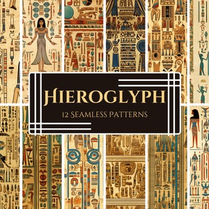 May include: Twelve seamless patterns featuring Egyptian hieroglyphs in gold, blue, red, and black on a beige background. The patterns include various symbols, figures, and designs.