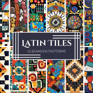 Könnte beinhalten: Eine Collage aus 12 bunten, geometrischen Fliesenmustern. Die Muster sind nahtlos und weisen eine Vielzahl von Formen, Farben und Texturen auf. Der Titel "LATIN TILES 12 SEAMLESS PATTERNS" wird in weißer Schrift auf einem dunkelblauen Hintergrund angezeigt.