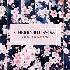 Japanese Cherry Blossom Digital Patterns - Sakura Watercolor Set, Spring Delicate Flowers on Dark Background, PNG - 12 Designs