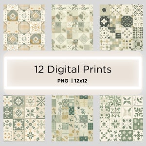Puede incluir: Doce impresiones digitales de estilo patchwork, con patrones en tonos verdes, beige y crema. Los dise&ntilde;os incluyen elementos florales, geom&eacute;tricos y a cuadros. El texto "12 Digital Prints" y "PNG | 12x12" se muestra en un recuadro blanco.