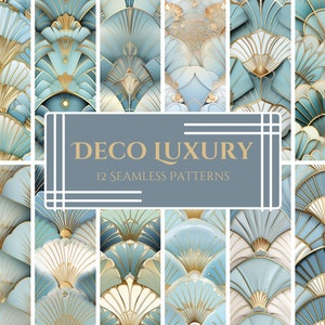 Op de afbeelding: Een set van 12 naadloze patronen met een geometrisch ontwerp in blauwe, witte en gouden tinten. De patronen zijn geïnspireerd op de Art Deco-stijl en zijn perfect om een ​​toets van luxe toe te voegen aan elk project.