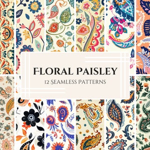 Può includere: Una collezione di 12 motivi paisley floreali senza cuciture. I disegni presentano una varietà di motivi floreali e paisley colorati in tonalità di rosso, blu, arancione e verde su uno sfondo crema. Il testo "FLORAL PAISLEY" e "12 SEAMLESS PATTERNS" è visualizzato.