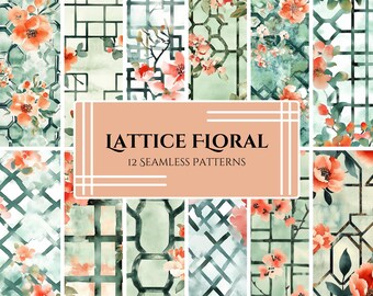 Chinoiserie bloemenroosterpatronen: jade en scharlaken (digitale download)