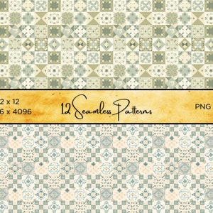 Puede incluir: Una colecci&oacute;n de 12 patrones sin costuras en colores apagados, incluyendo beige, verde y melocot&oacute;n. Los patrones presentan dise&ntilde;os geom&eacute;tricos y florales. La imagen incluye el texto "12 Seamless Patterns" y las dimensiones "12 x 12 4096 x 4096 PNG".