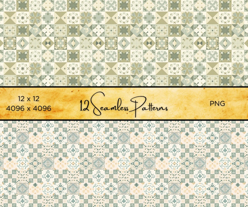 Puede incluir: Una colecci&oacute;n de 12 patrones sin costuras en colores apagados, incluyendo beige, verde y melocot&oacute;n. Los patrones presentan dise&ntilde;os geom&eacute;tricos y florales. La imagen incluye el texto "12 Seamless Patterns" y las dimensiones "12 x 12 4096 x 4096 PNG".