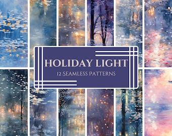 Impressionistische vakantielichtpatronen - Monet-stijl Winter digitaal papier, 12 naadloze SVG/PNG-pack