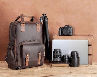 Laptop Camera Backpack, Leather DSLR Camera Bag, Bag for Camera, Bag for Laptop, Bag for Photographer, Camera Lens Inserts, Gift for Him